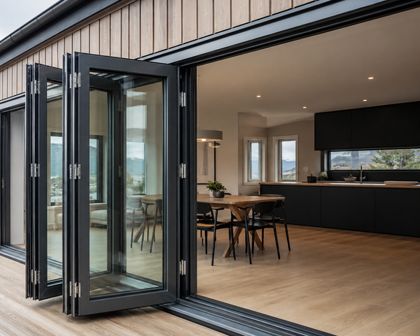 Foldedører i aluminium åpnet mot en terrasse
